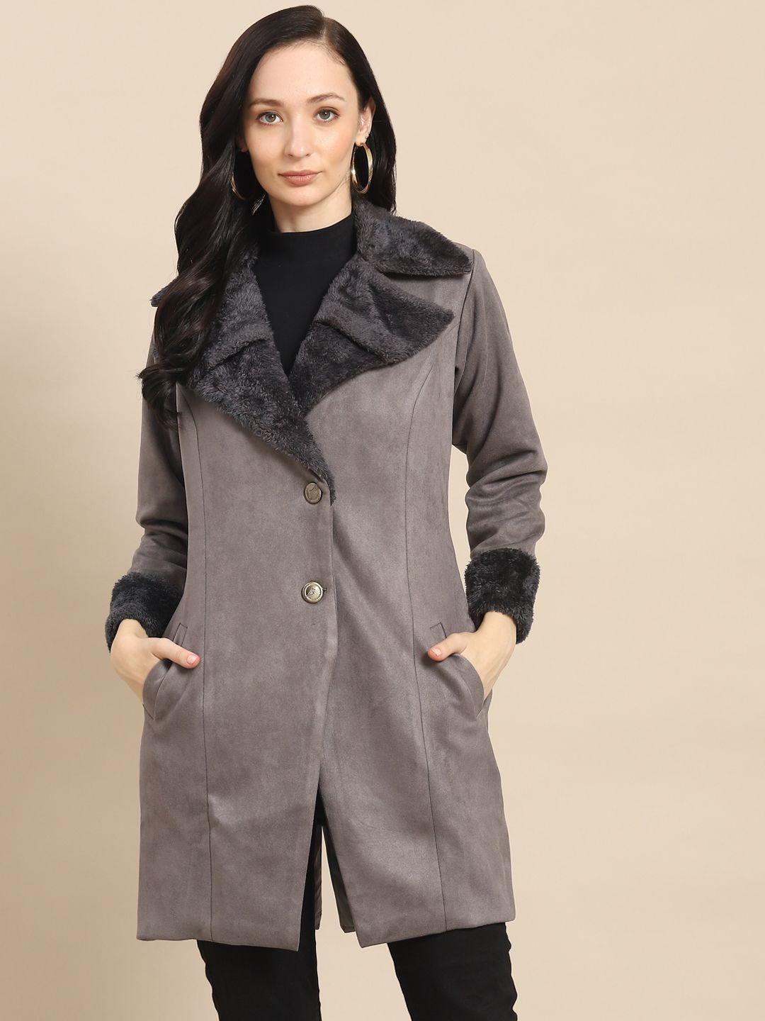 woowzerz women navy blue solid suede over coat