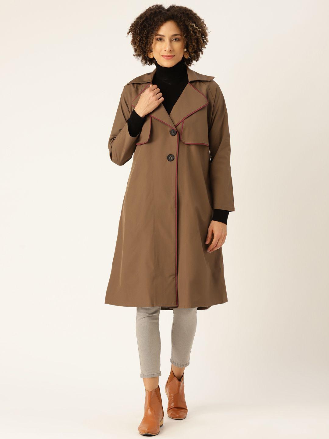 woowzerz women olive brown slim fit solid knee length trench coat