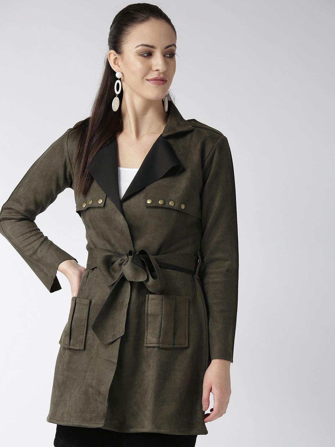 woowzerz women olive green suede slim fit solid overcoat