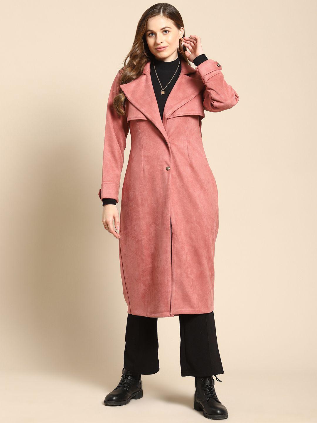 woowzerz women pink solid longline trench coat