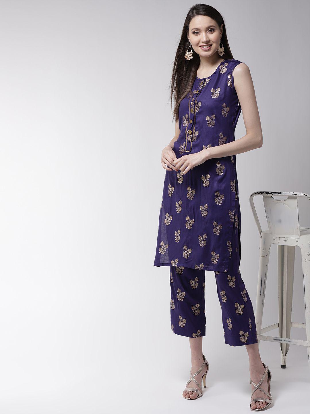 woowzerz women purple & golden printed kurta with trousers