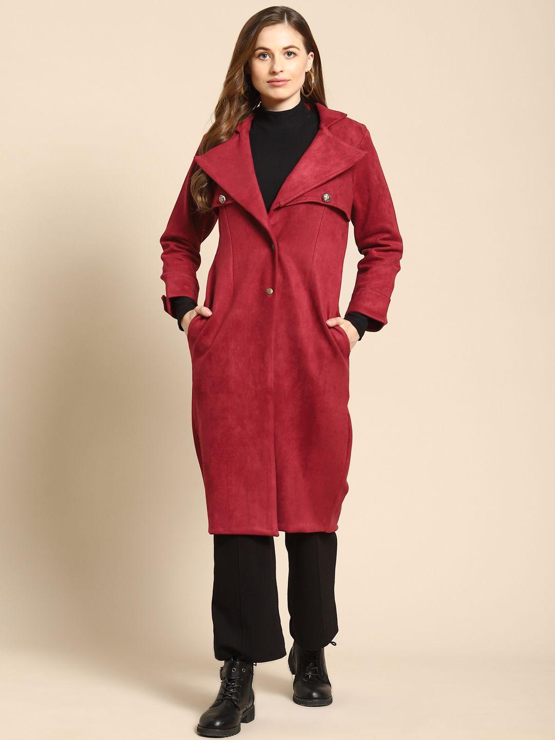 woowzerz women red solid longline trench coat