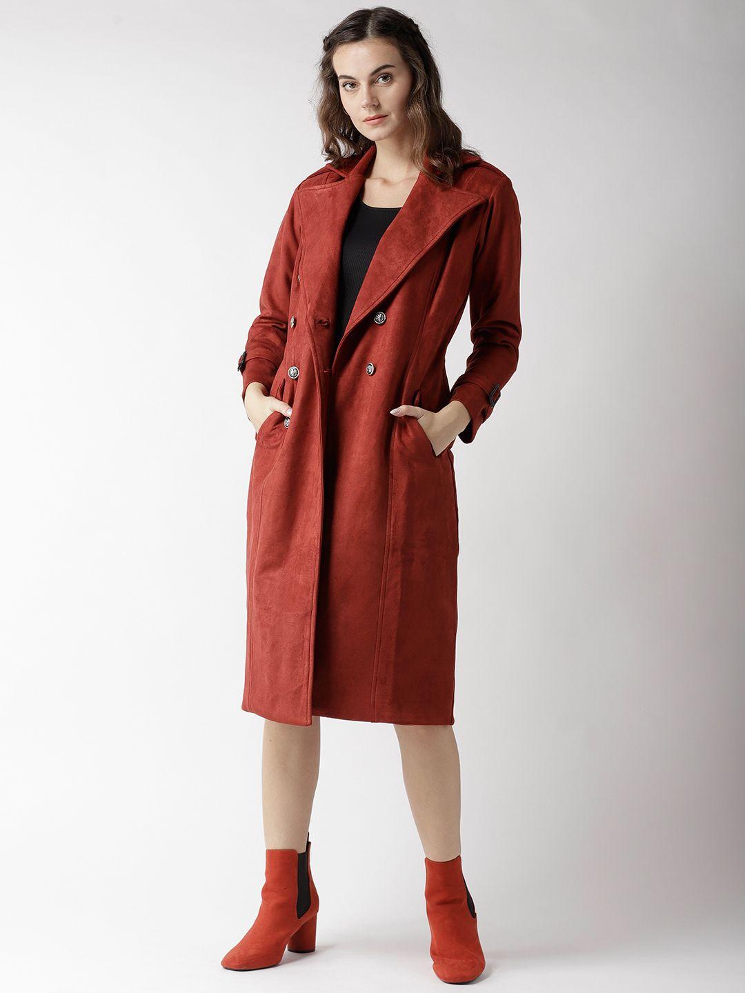 woowzerz women rust red solid suede finish slim fit longline overcoat