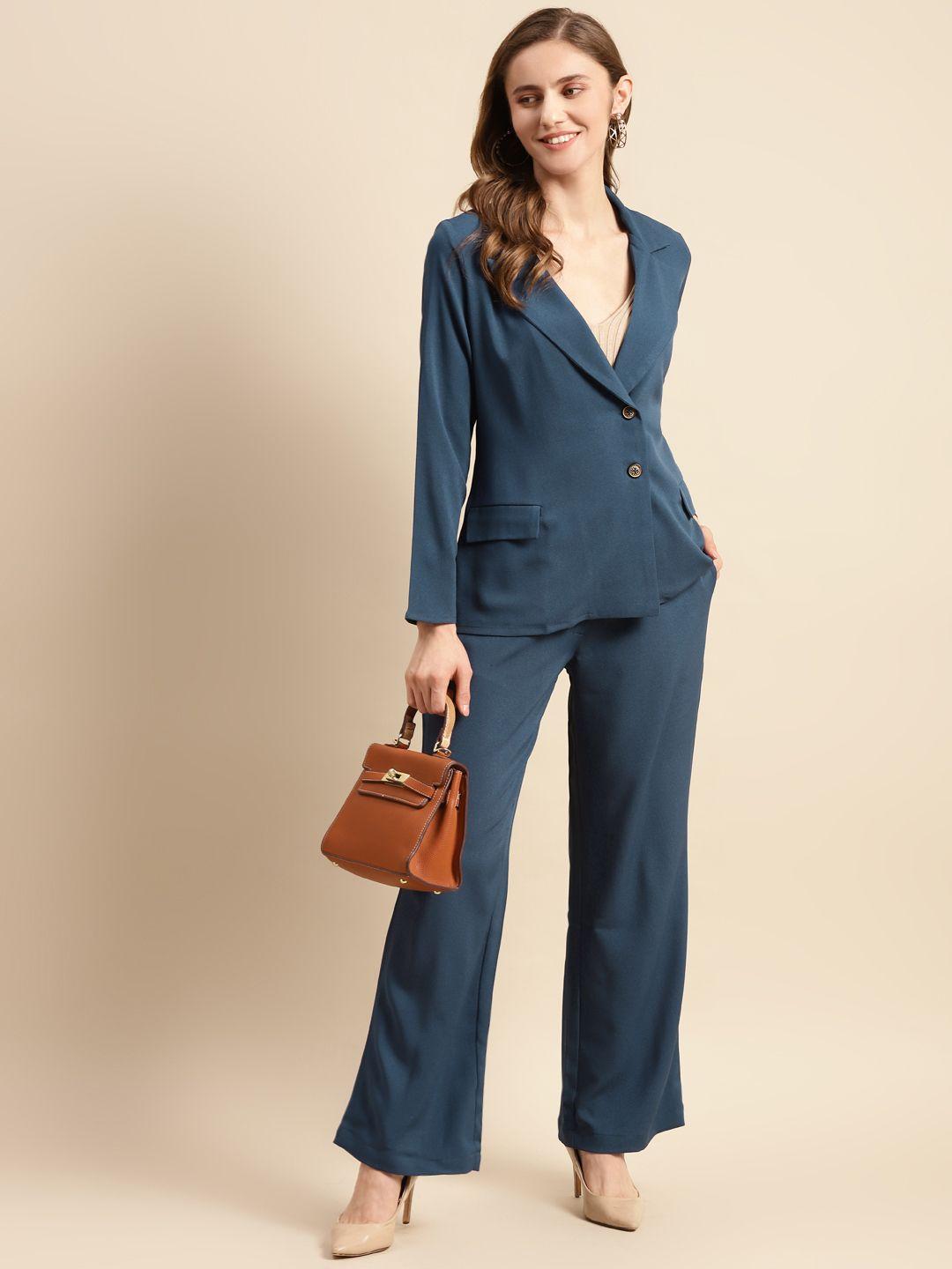 woowzerz women teal blue solid blazer & trousers set