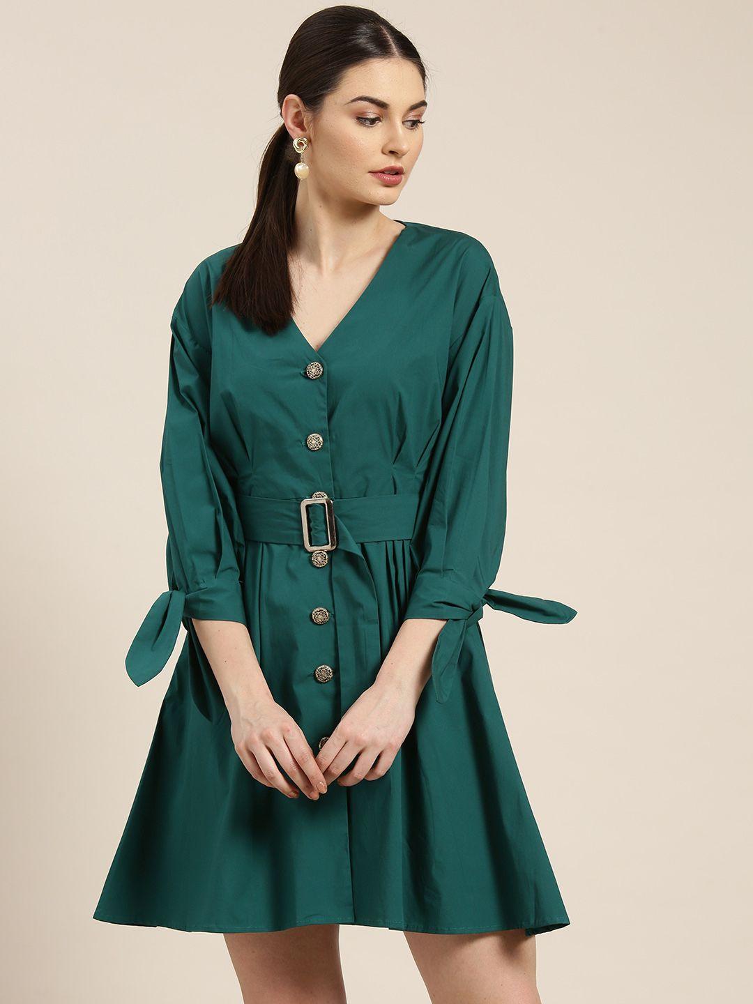 woowzerz women teal green solid a-line dress