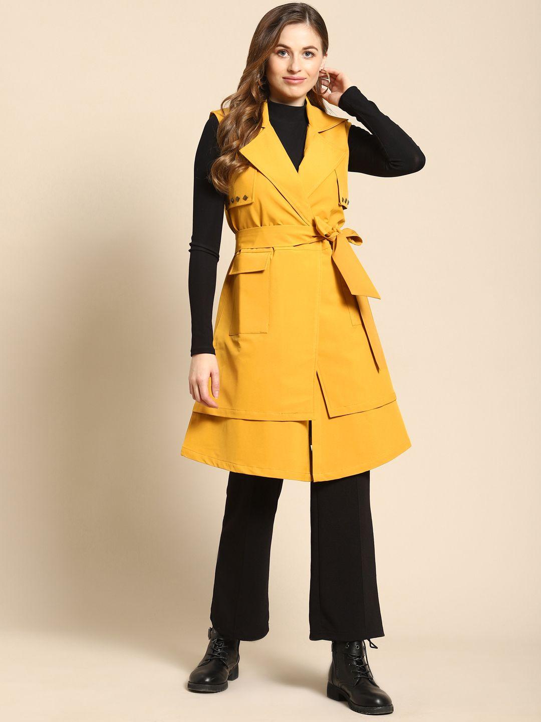 woowzerz women yellow layered sleeveless over coat