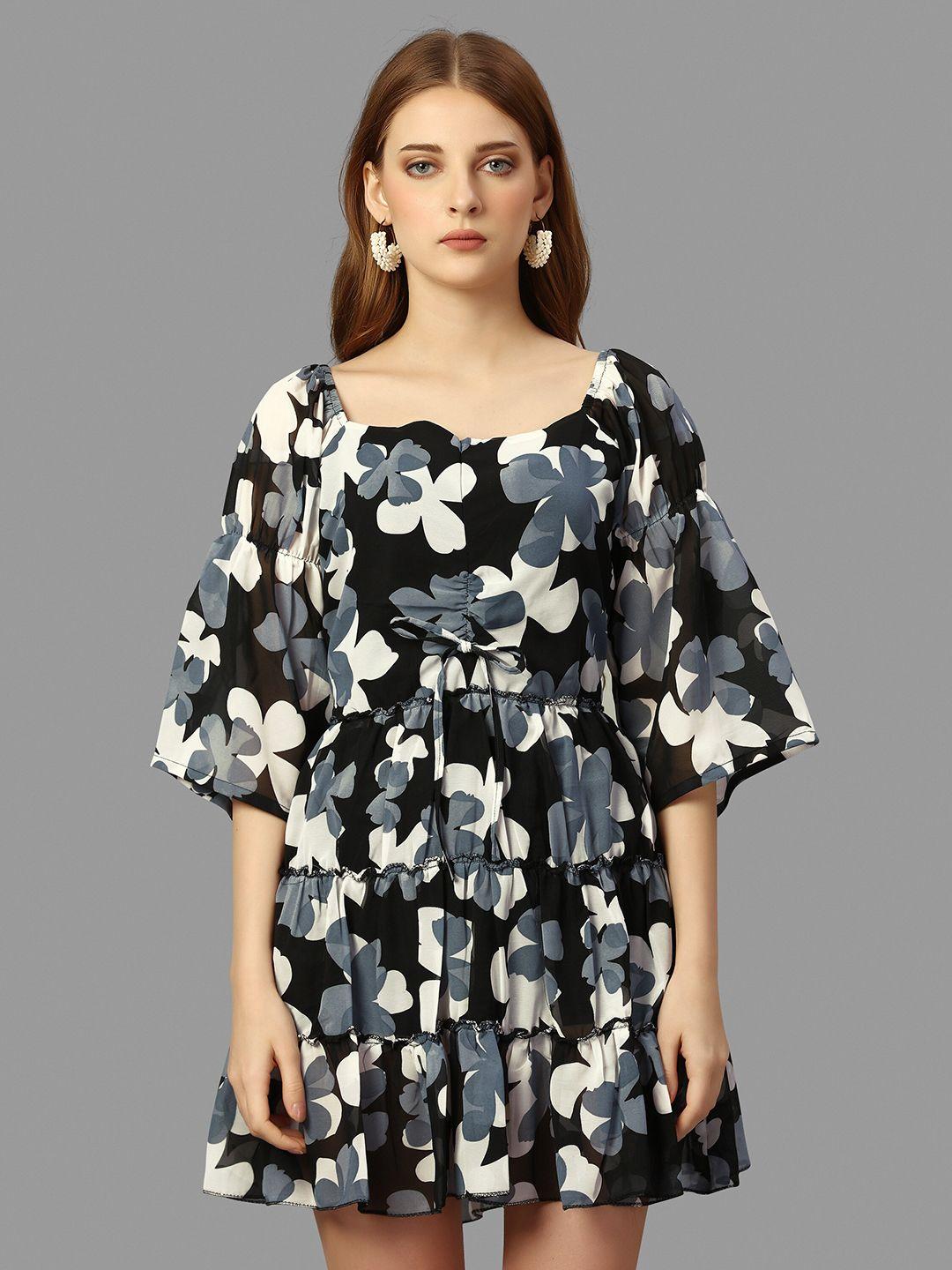 worivoc black floral print bell sleeve georgette fit & flare mini dress