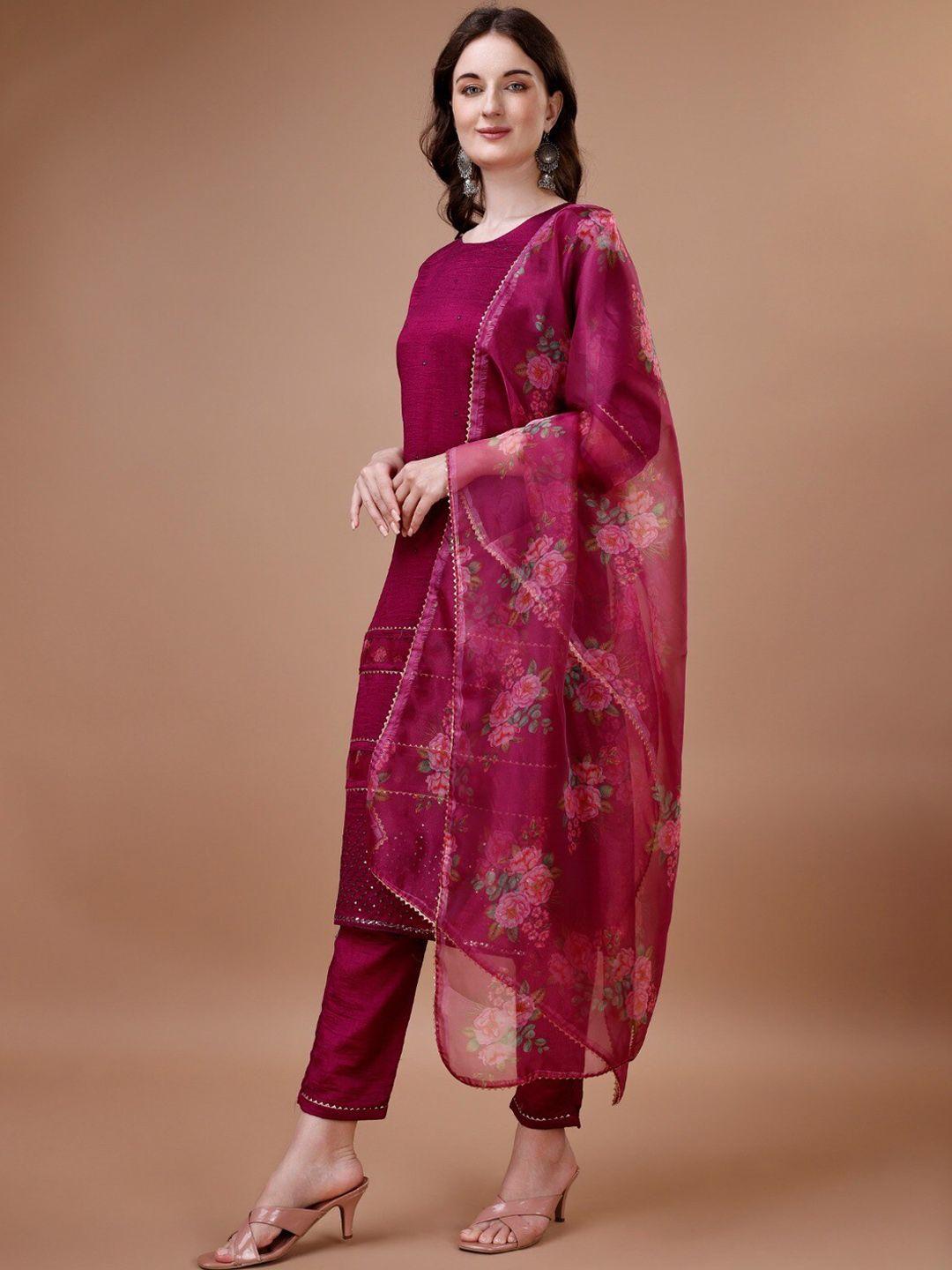 worivoc ethnic motifs embroidered mirror work straight kurta & trousers with dupatta