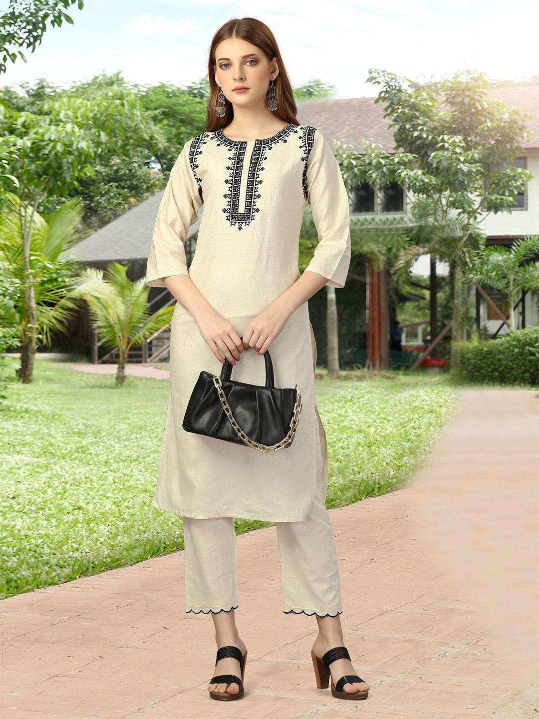 worivoc ethnic motifs yoke design thread work jute cotton straight kurta with trousers
