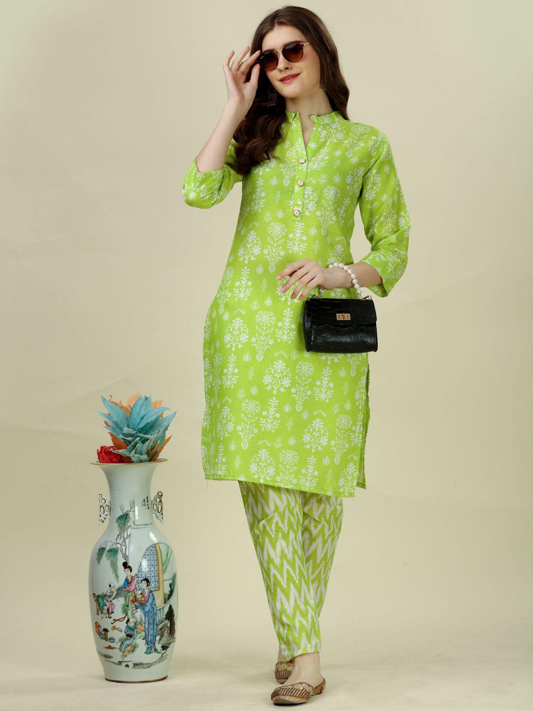 worivoc floral printed mandarin collar regular kurta with trousers