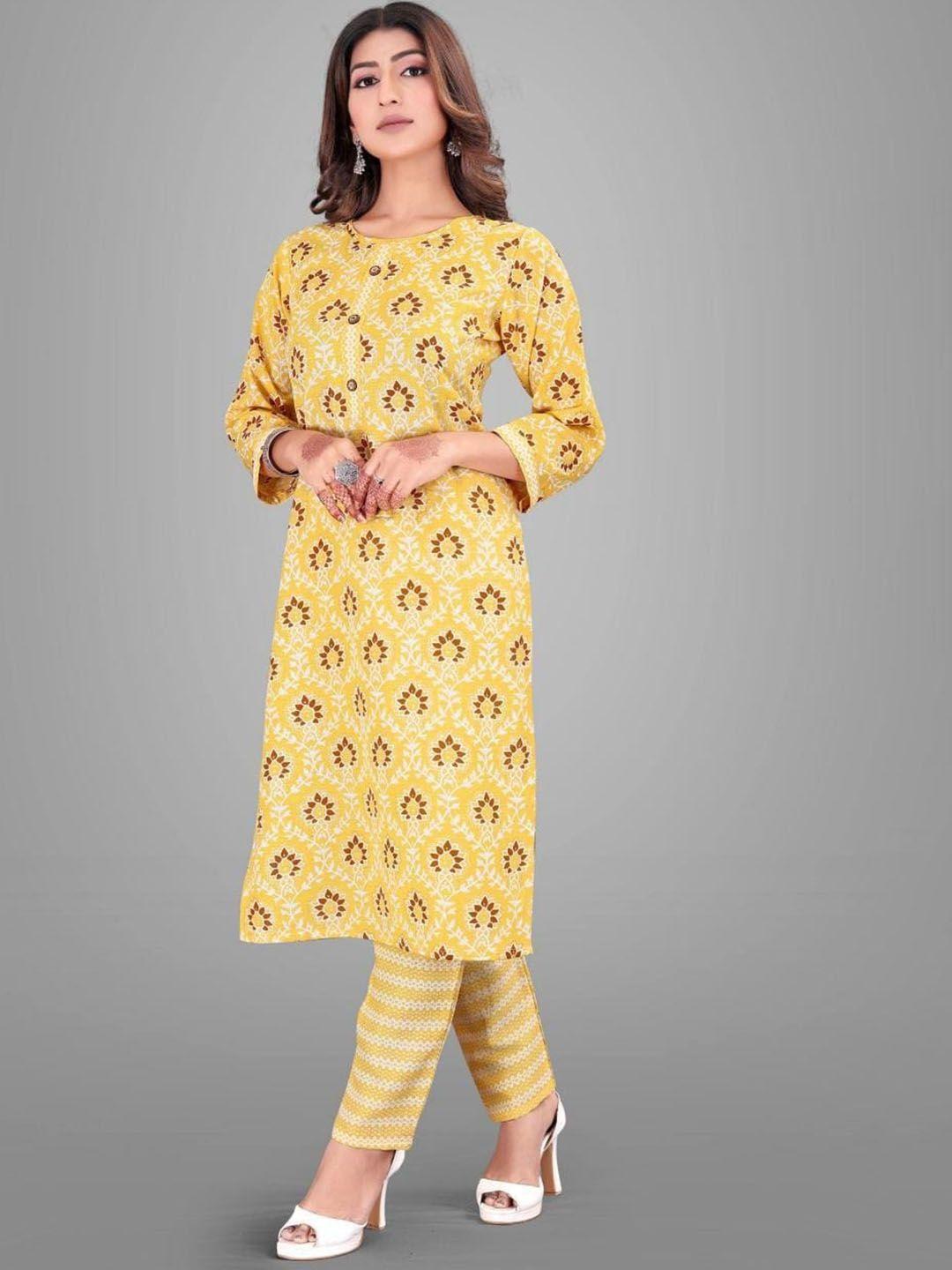 worivoc floral printed round neck regular kurta with trousers