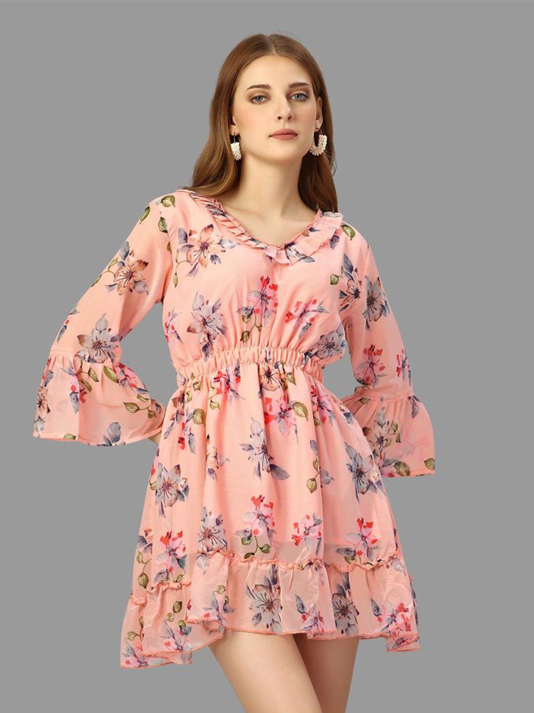 worivoc peach-coloured floral print bell sleeve georgette fit & flare dress