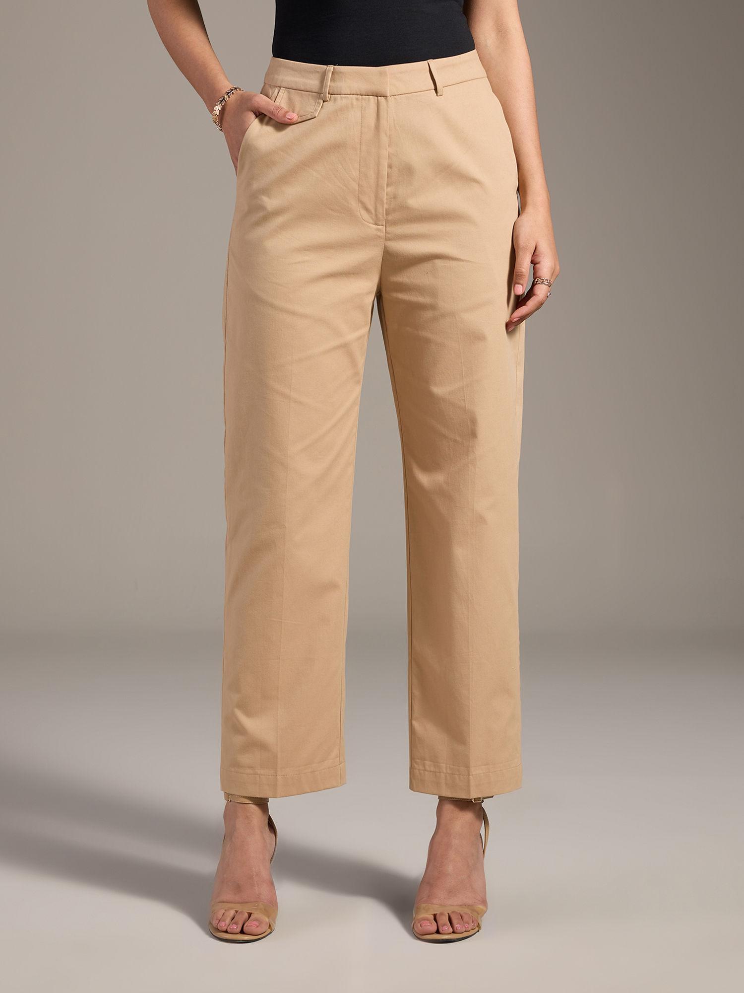 work beige solid straight fit mid waist trousers