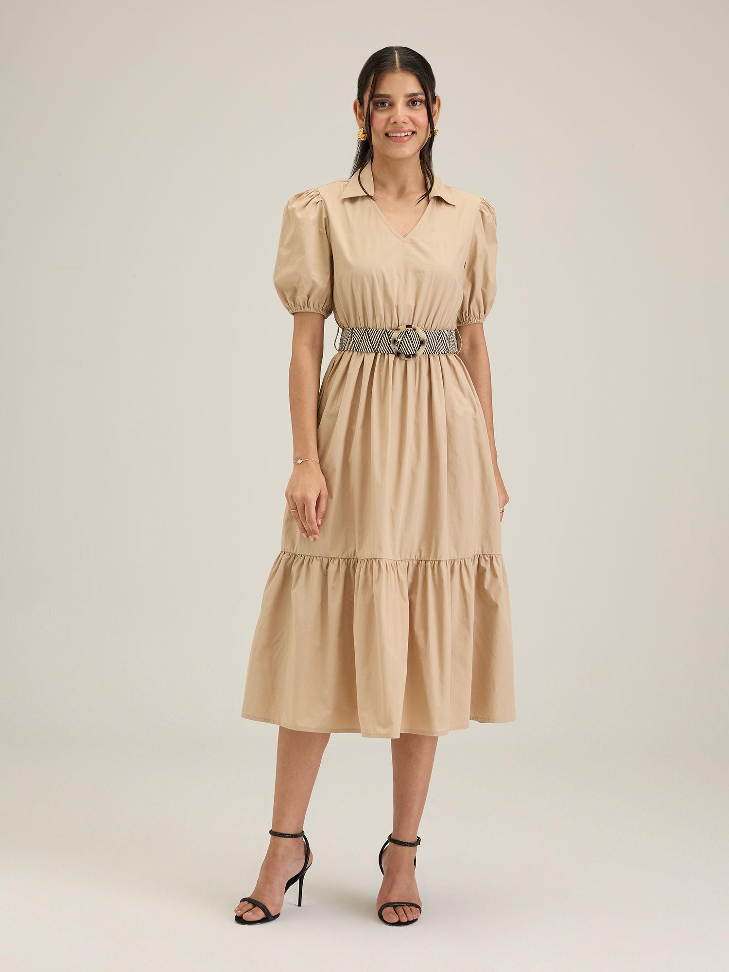 work beige solid v neck belted dress (set of 2)