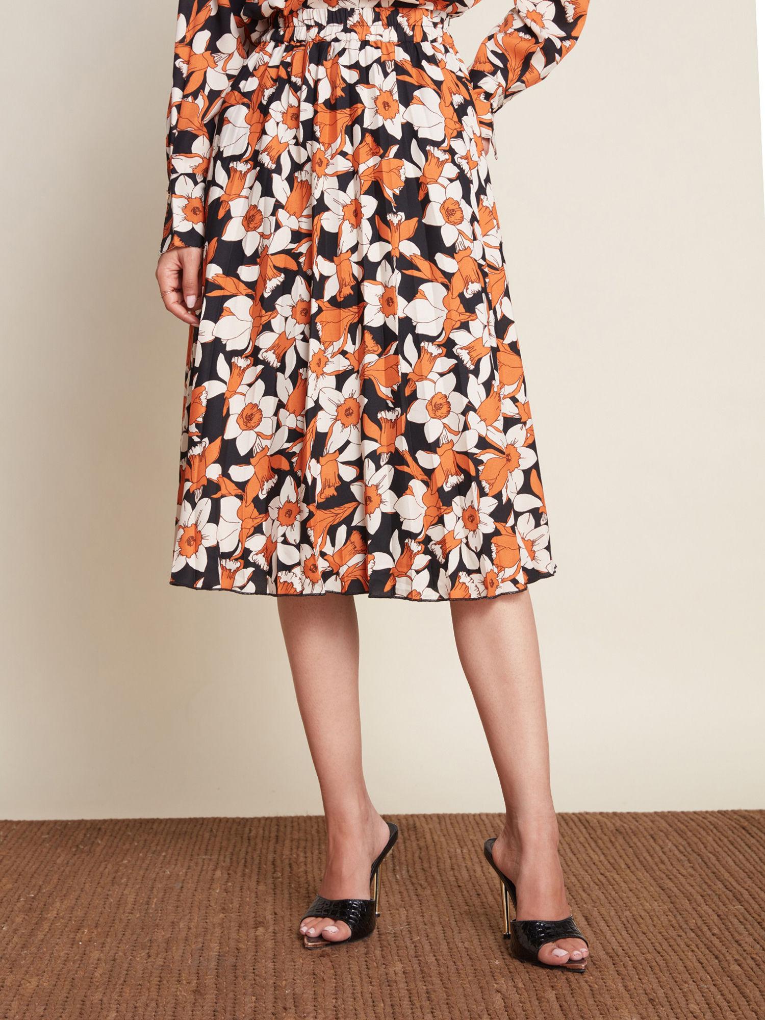 work black and rust floral a line pleated skirt