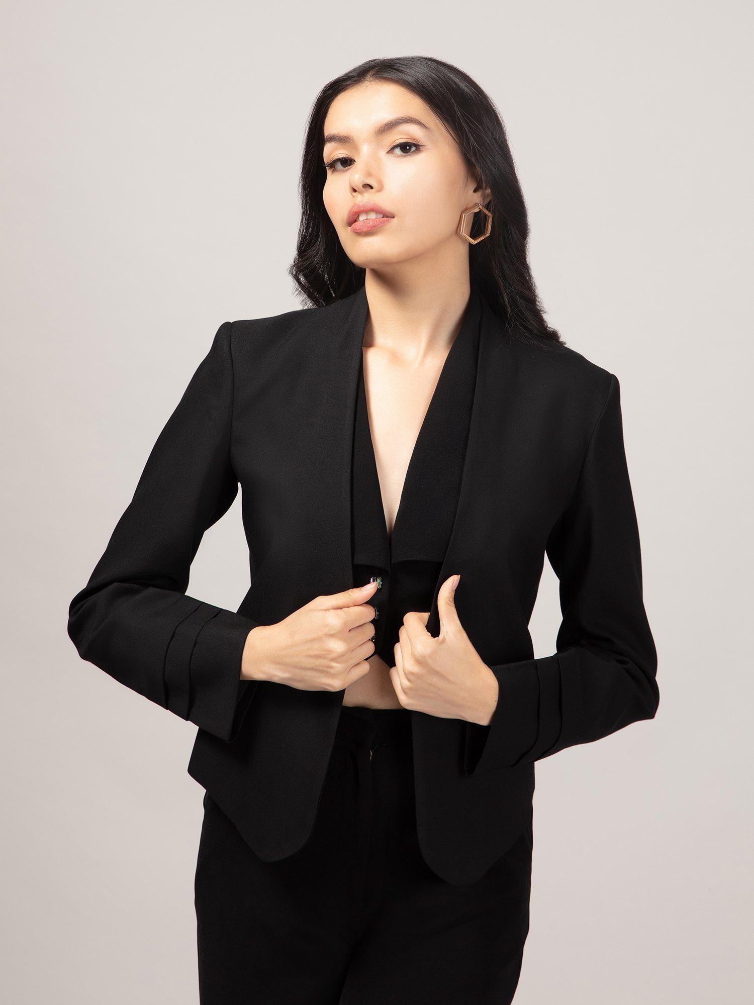 work black solid collarless high low crop blazer