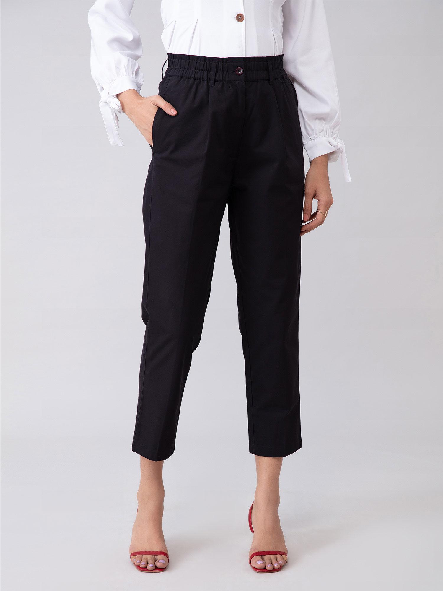 work black solid elasticated waist cropped pants