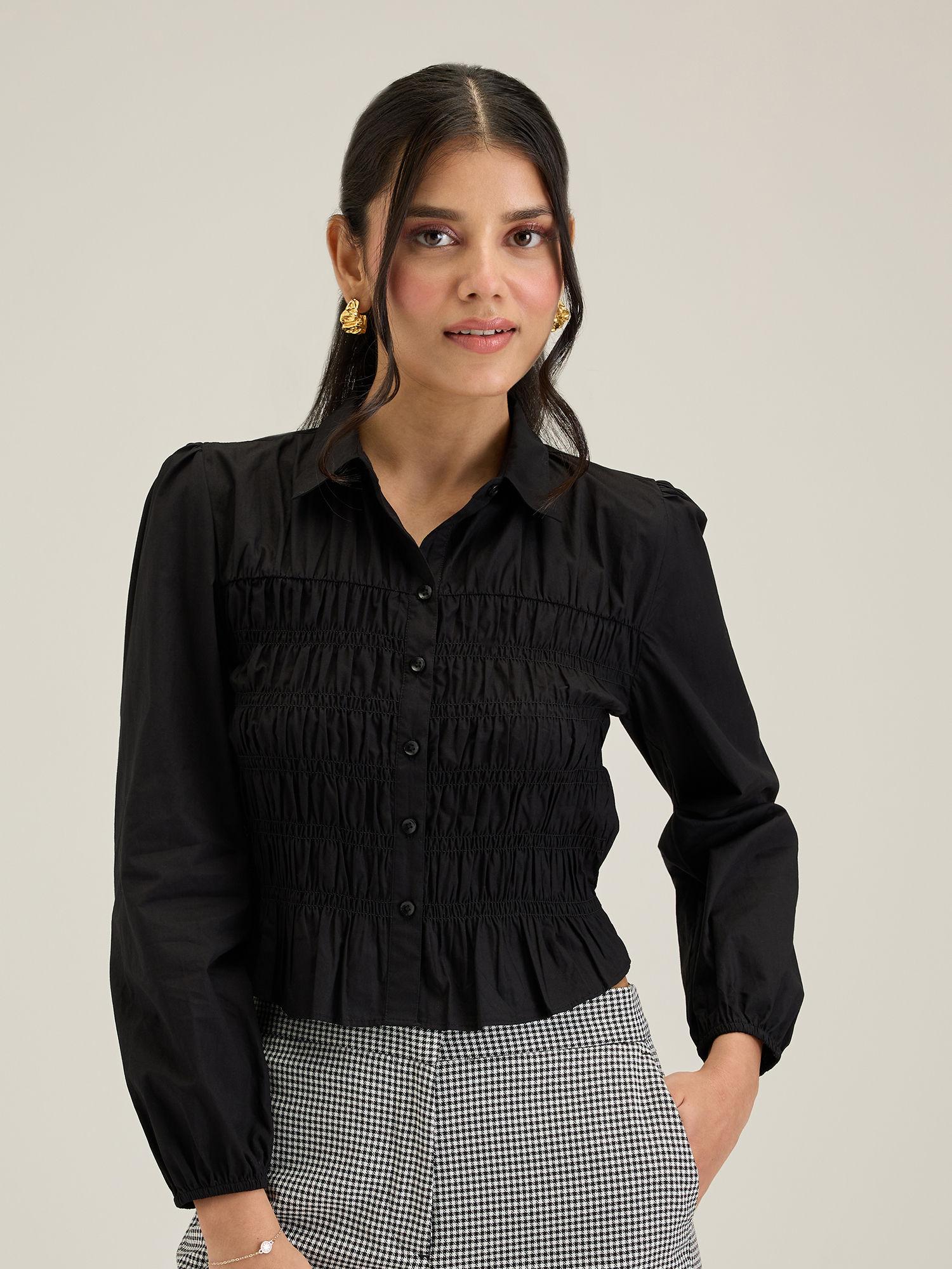 work black solid full sleeves smocked cropped shirt