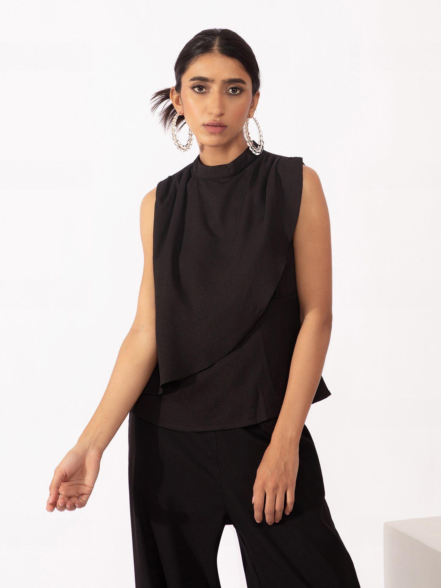 work black solid high neck wrap top