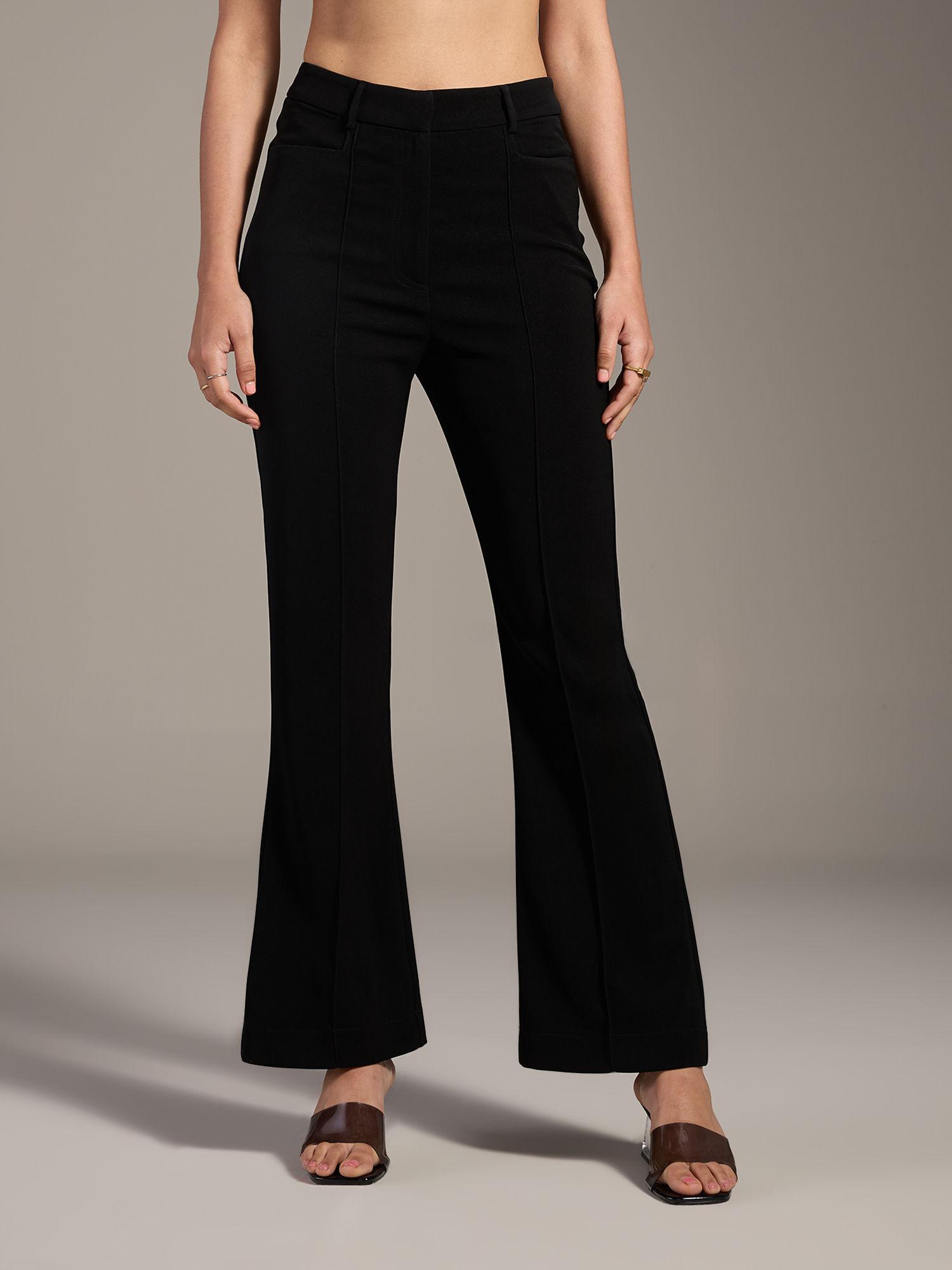 work black solid pin tuck bootcut trousers