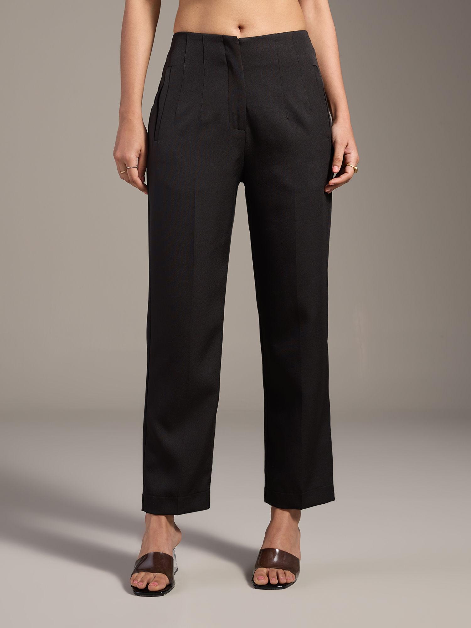 work black solid tapered high waist trousers