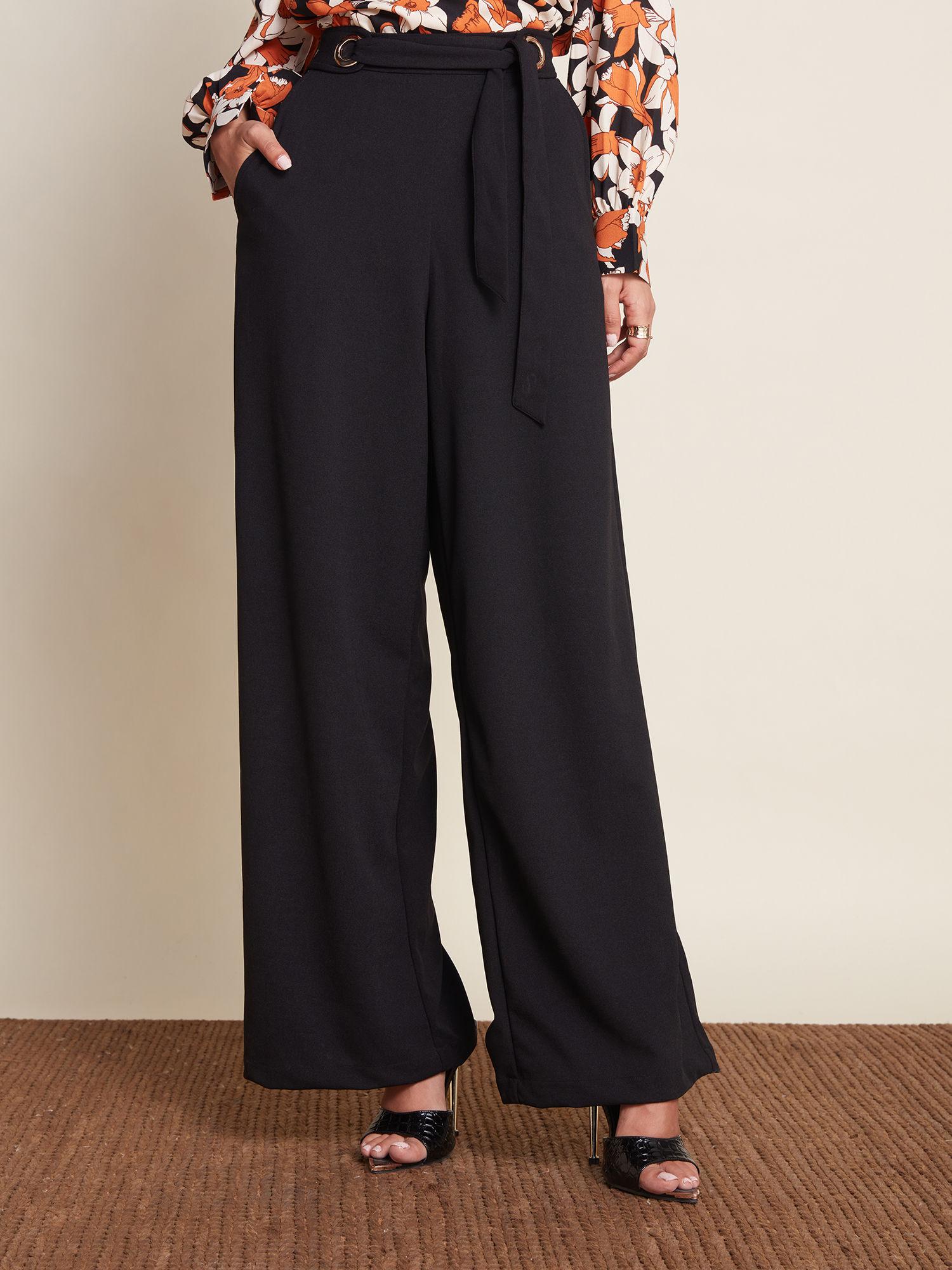 work black solid tie up wide leg pants with belt