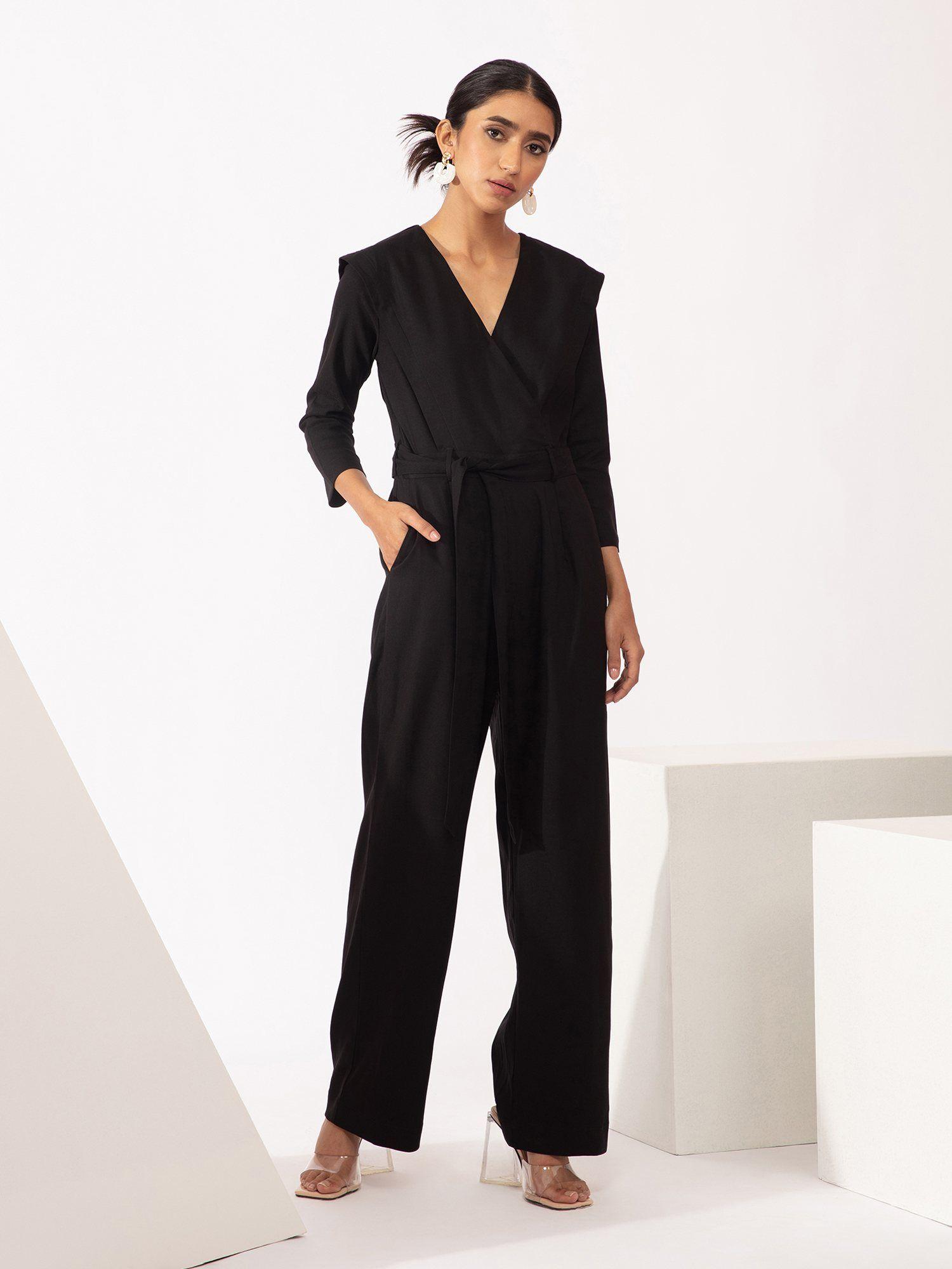 work black solid v neck jumpsuit