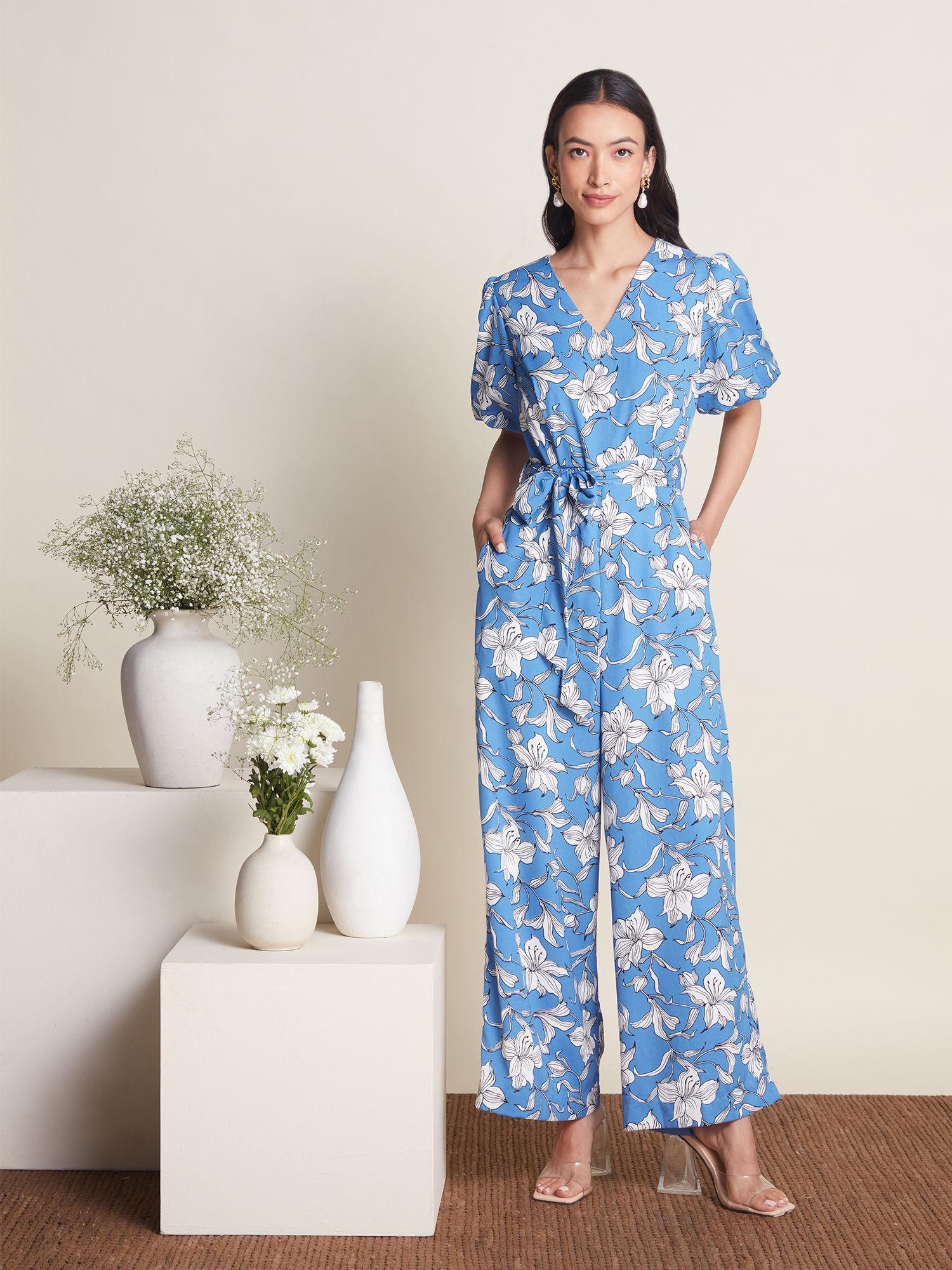 work blue and white floral v neck wide leg jumpsuit (set of 2)