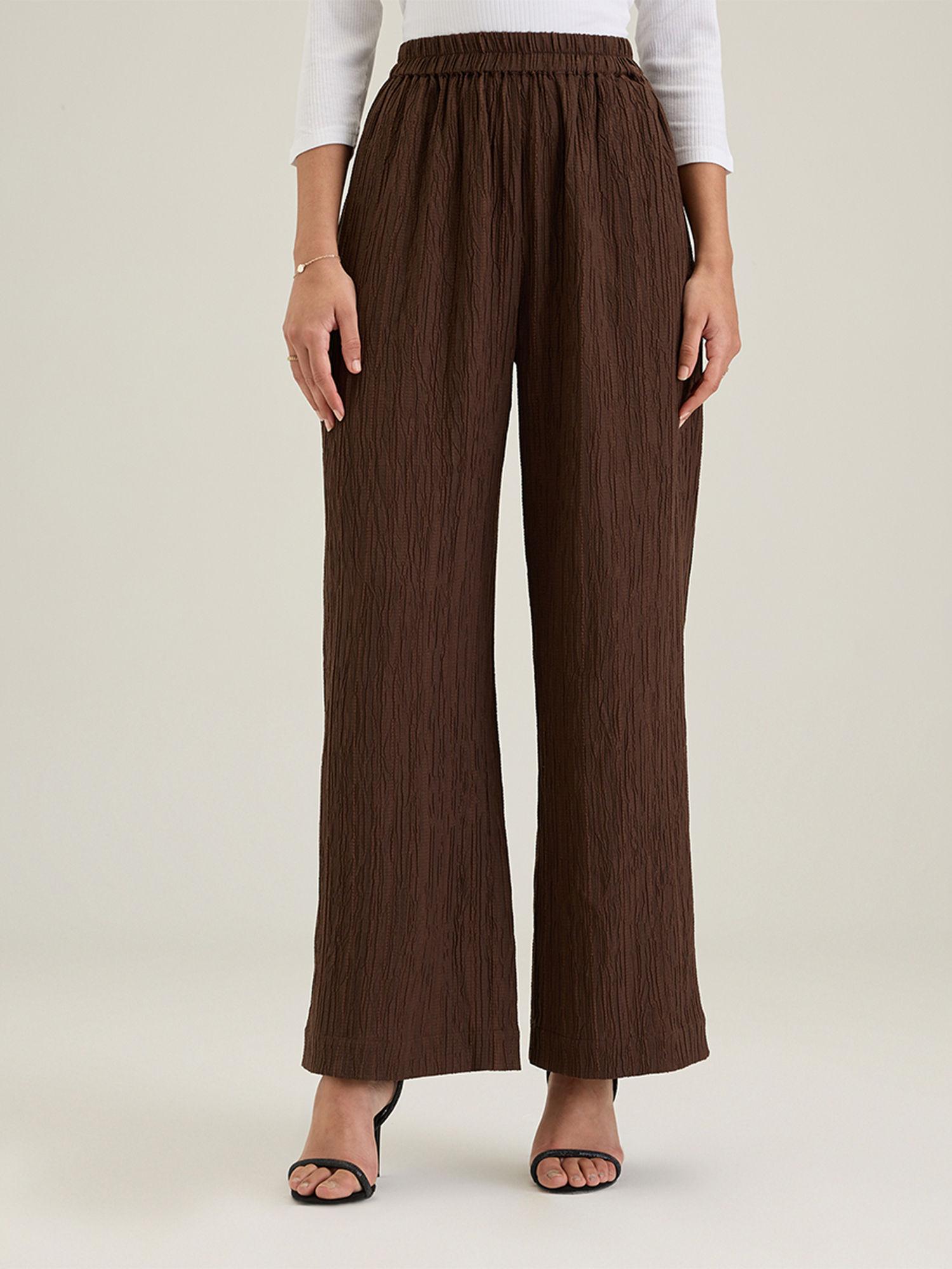 work brown solid straight fit pants