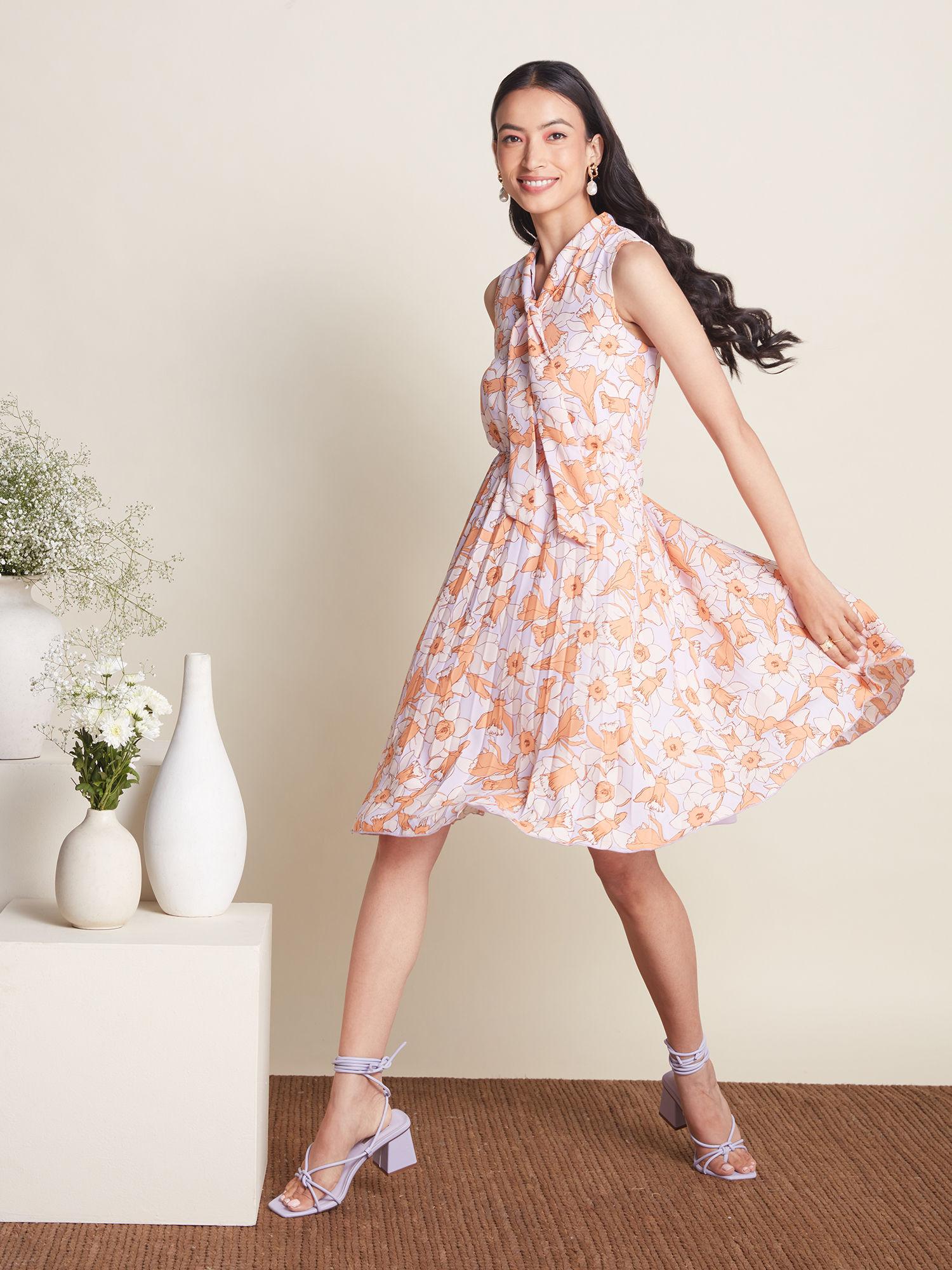 work lavender and orange floral a line knee length dress