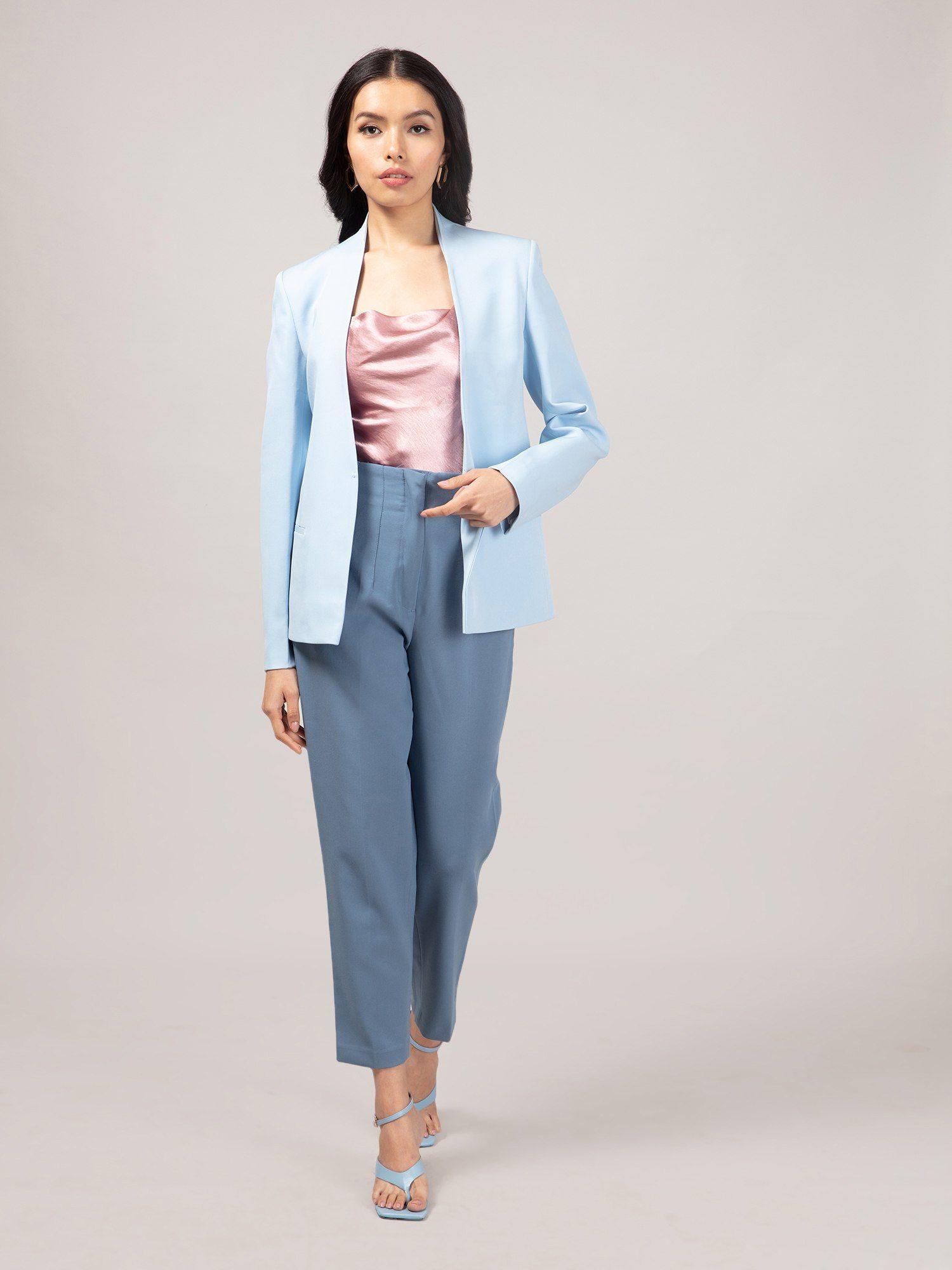 work light blue solid collarless blazer