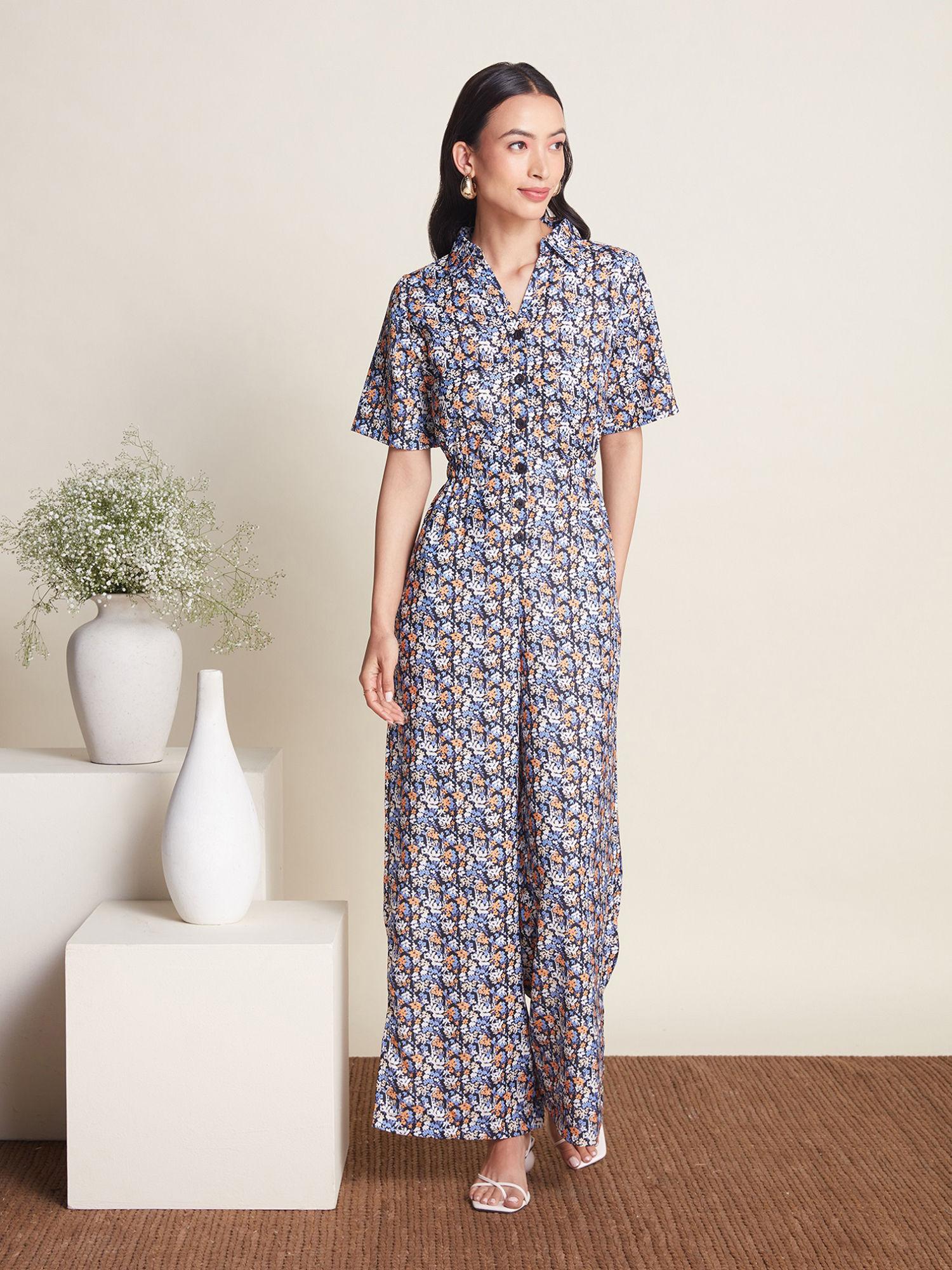 work multicolor floral printed collar wide leg jumpsuit