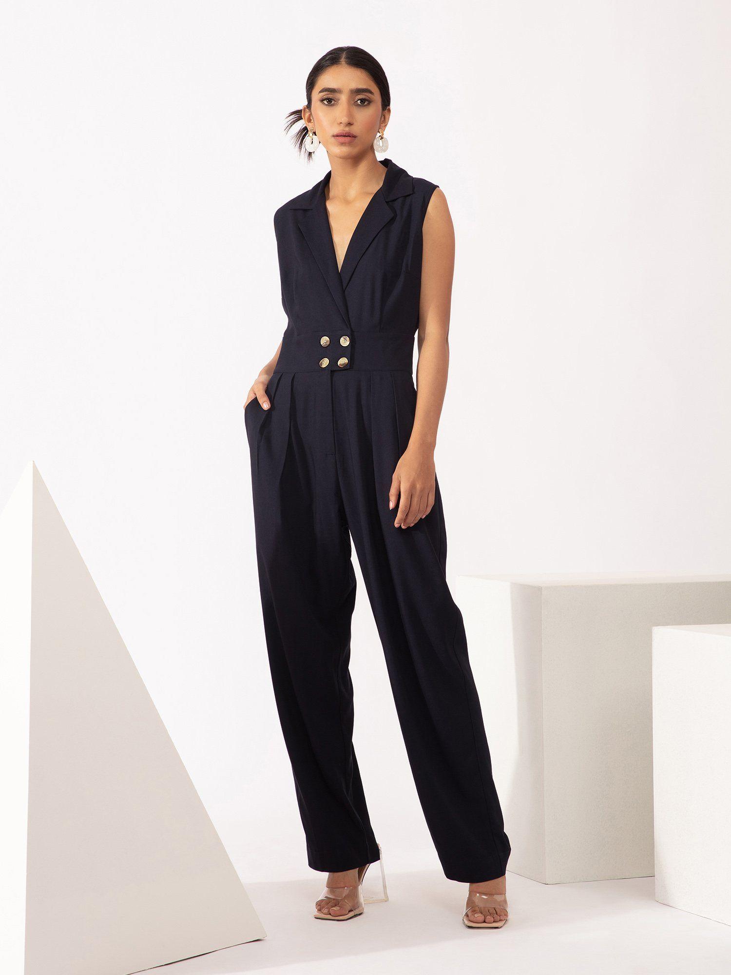 work navy blue solid jumpsuit