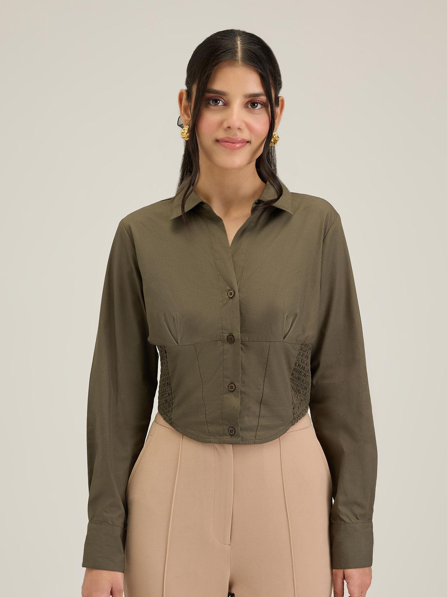 work olive green solid full sleeves cropped shirt