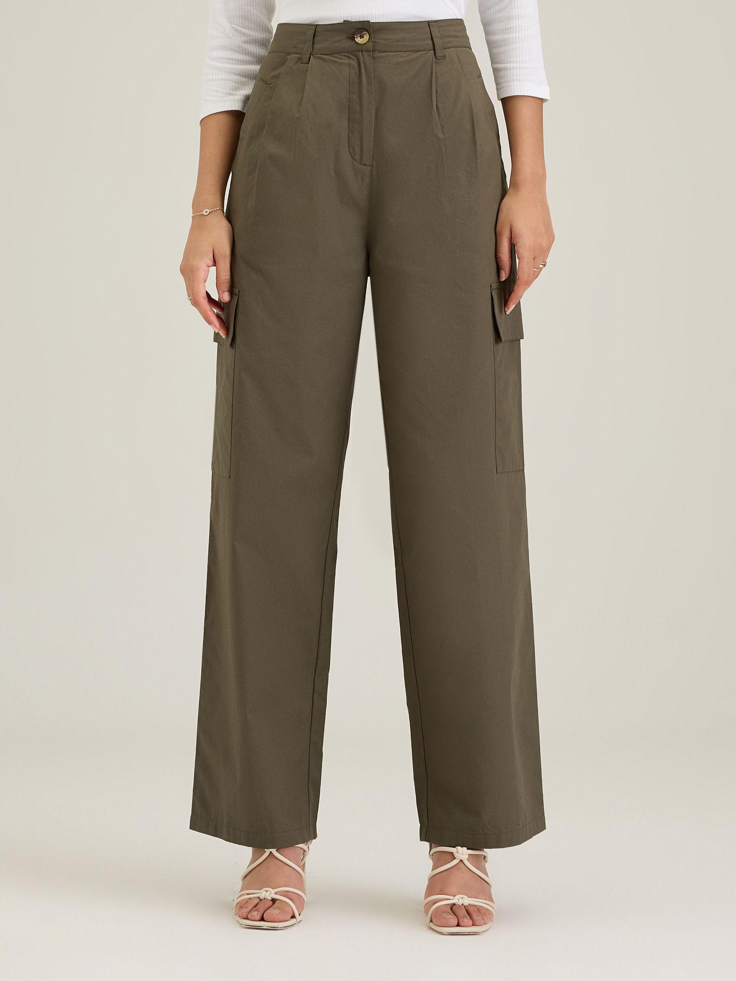 work olive green solid straight leg pants