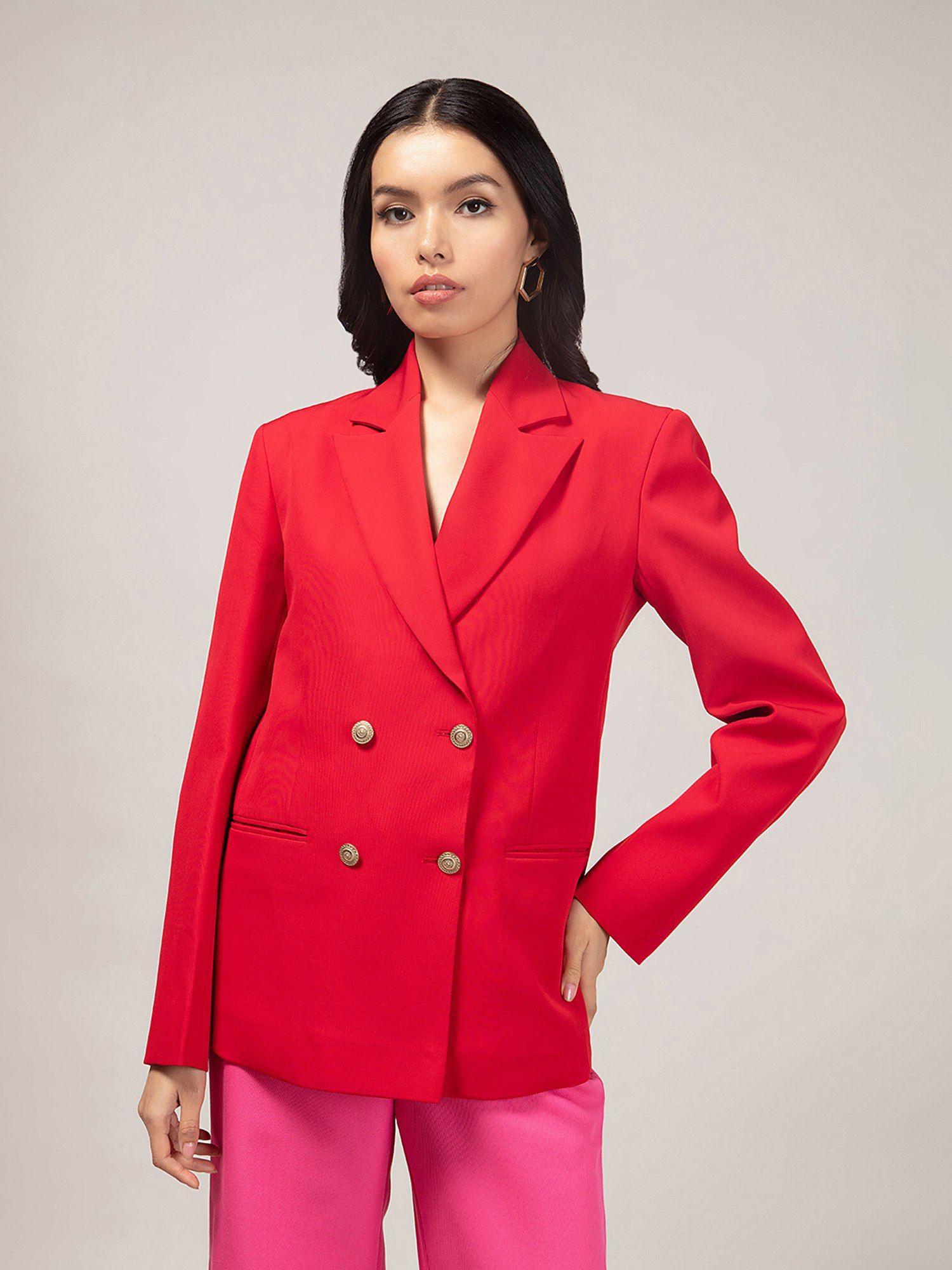 work red solid double breasted blazer