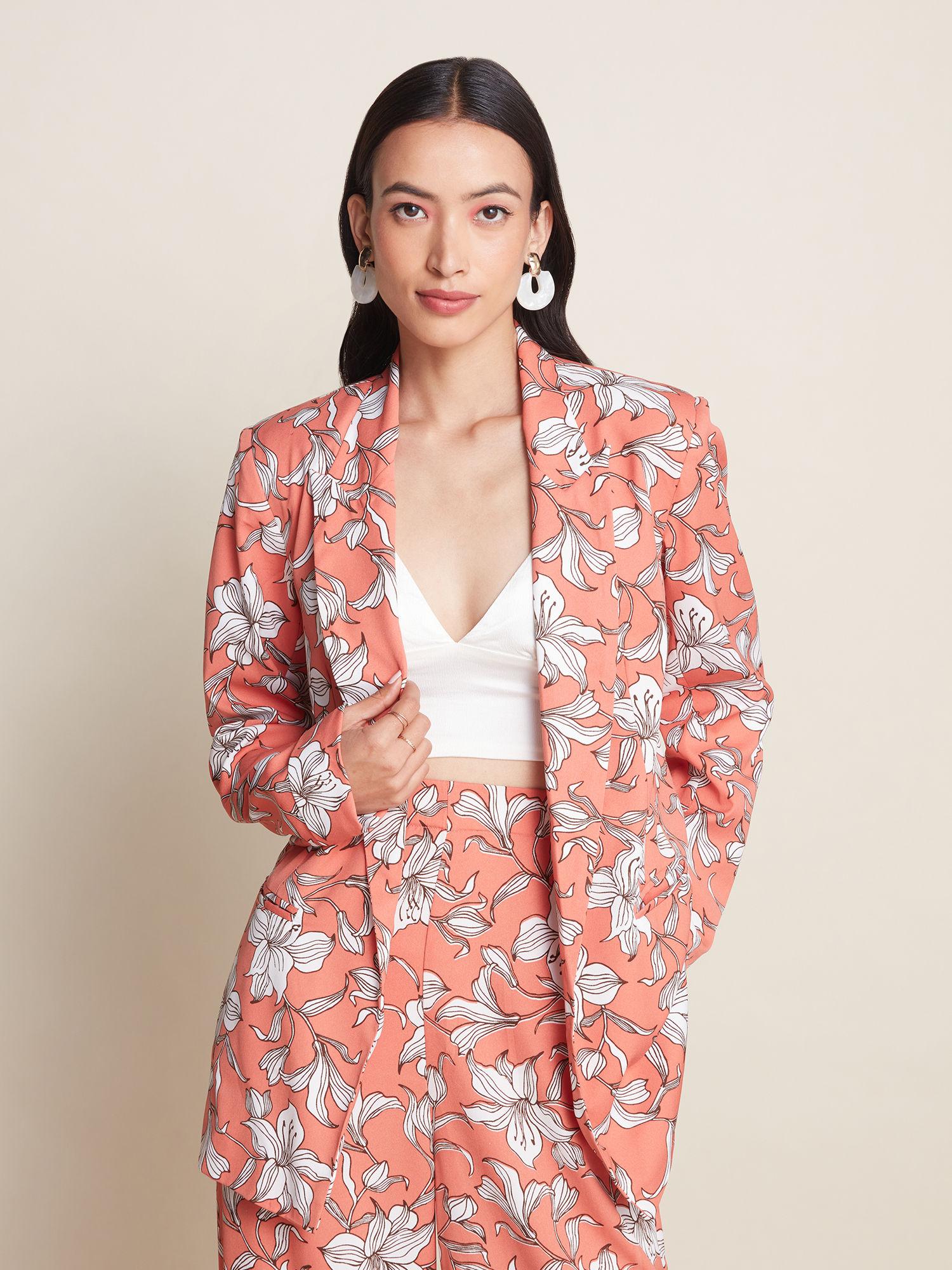work rust and white floral printed notched longline blazer