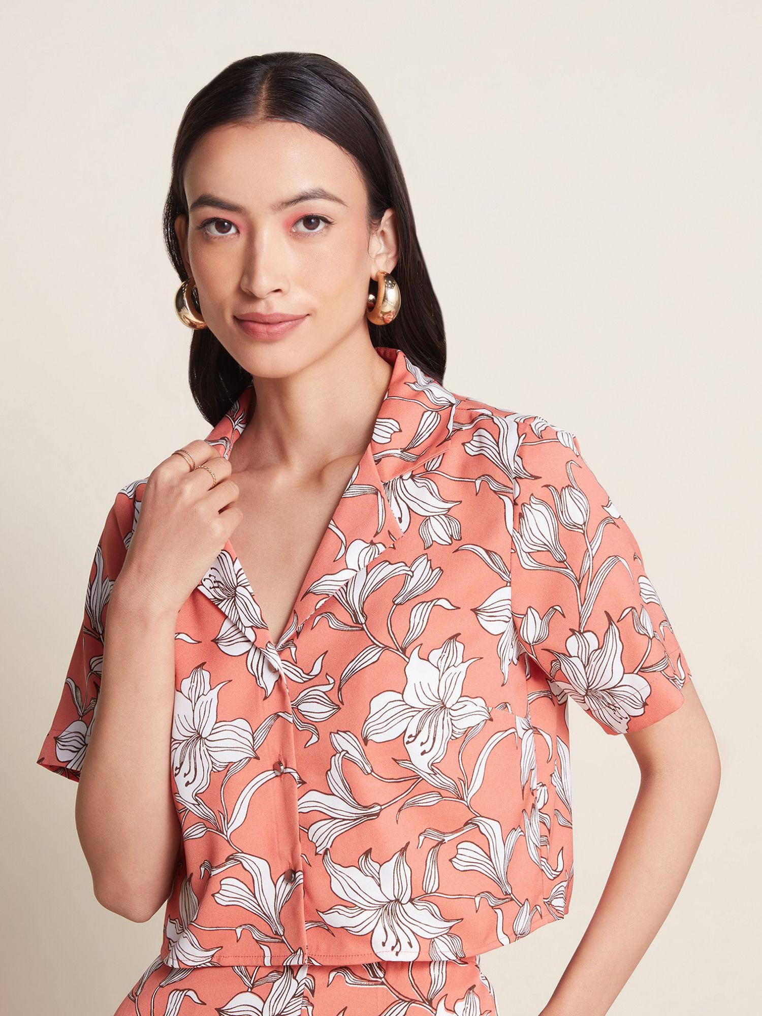 work rust and white floral printed resort collar crop shirt