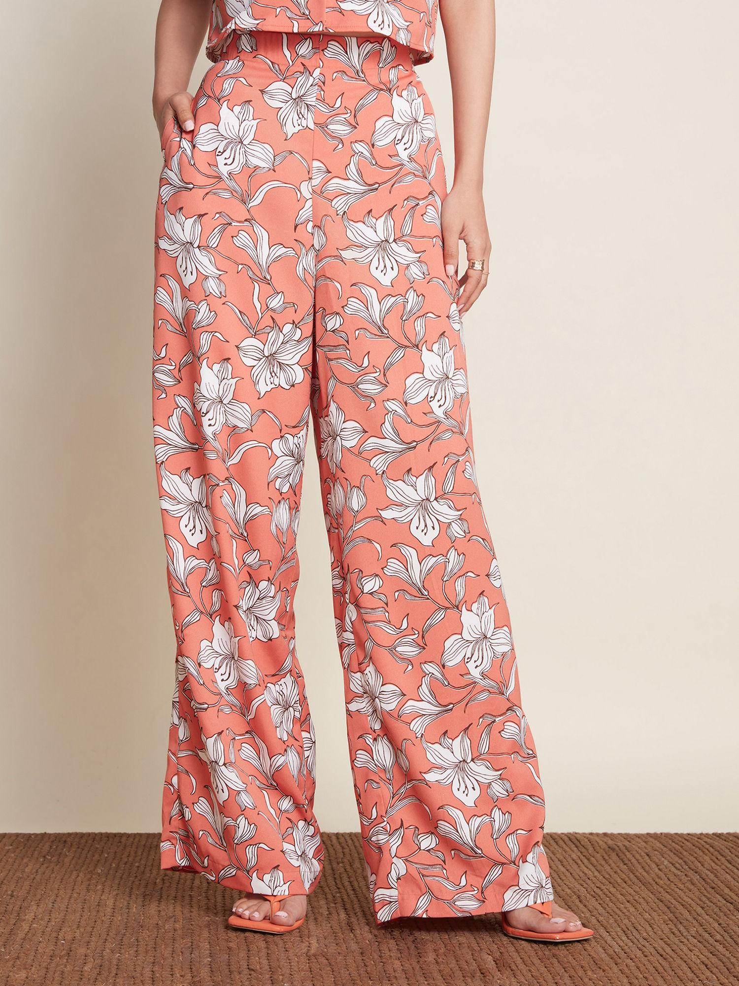 work rust and white floral printed wide leg pants