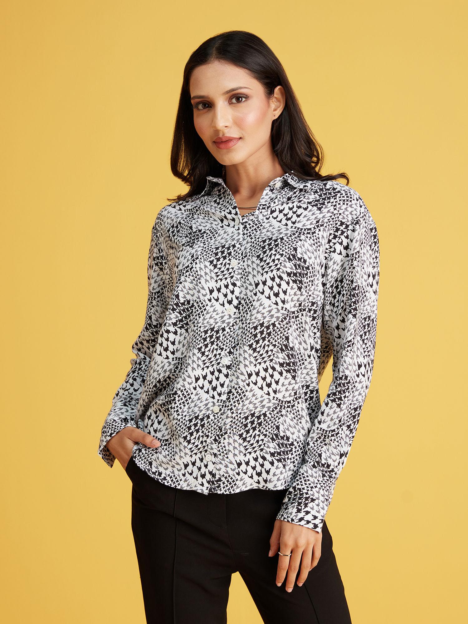 work white and black abstract print shirt