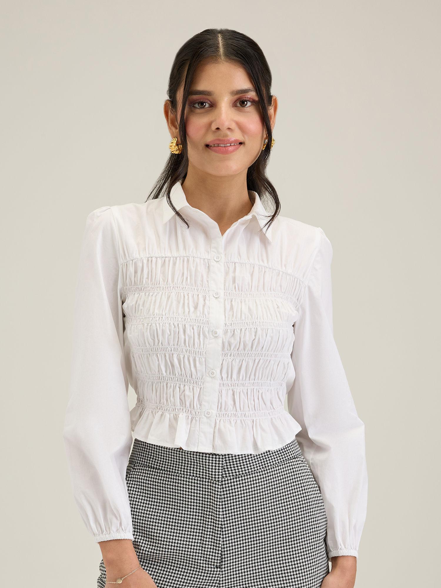 work white solid full sleeves smocked cropped shirt