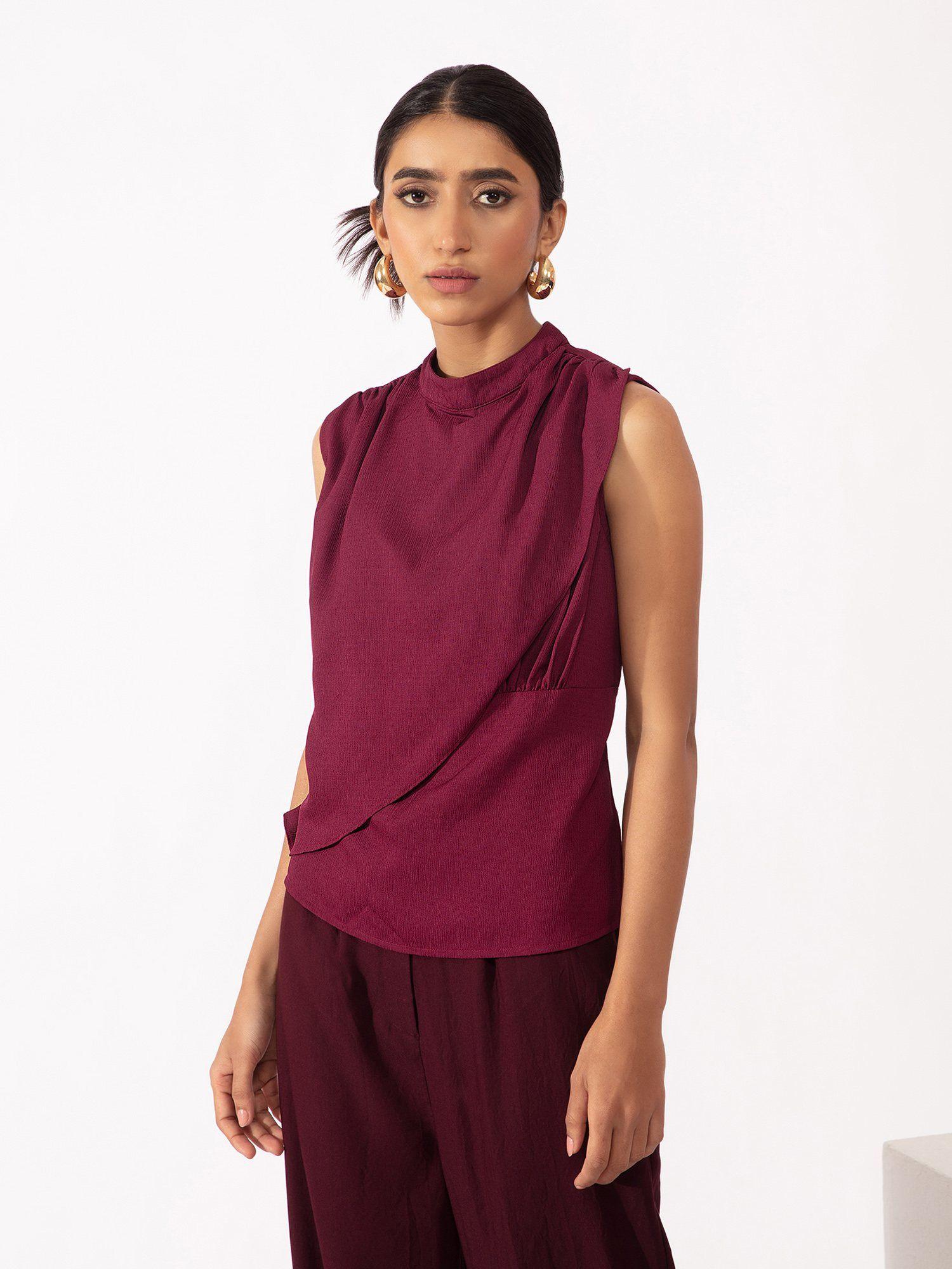 work wine solid high neck wrap top