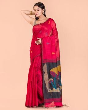 woven handloom cotton saree with tassels