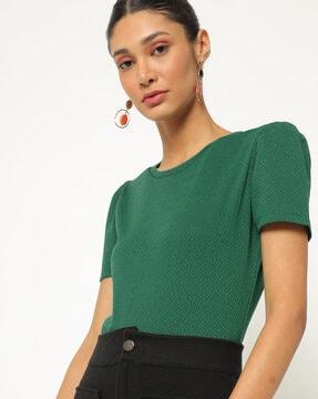 woven round-neck top with puff sleeves
