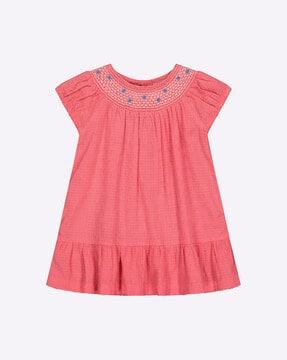 woven shift dress with smocked neckline
