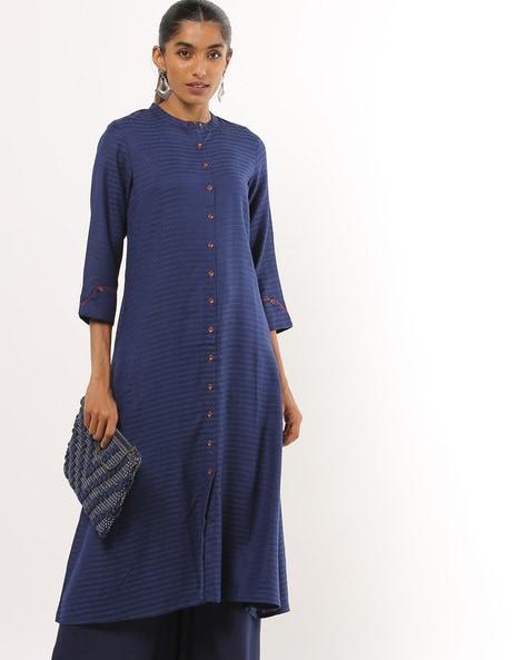 woven a-line kurta with mandarin collar