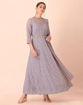 woven anarkali kurta with belt & attached dupatta