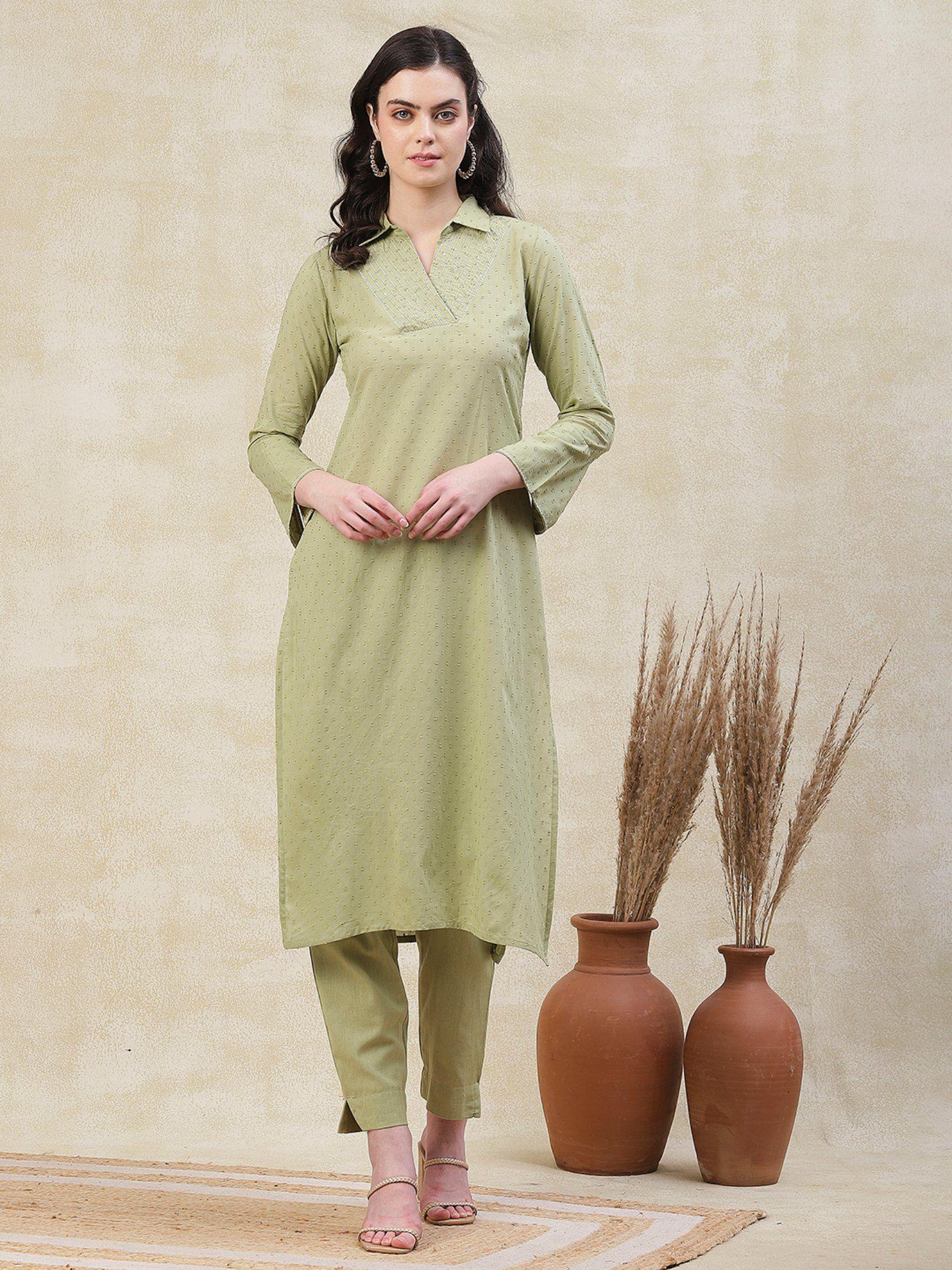 woven buti design kurta with pant - green (set of 2)