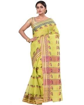 woven cotton tant saree with contrast border