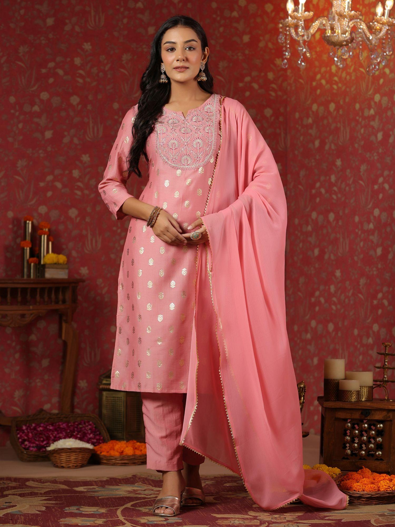 woven design pink straight kurta with pant & dupatta (set of 3)